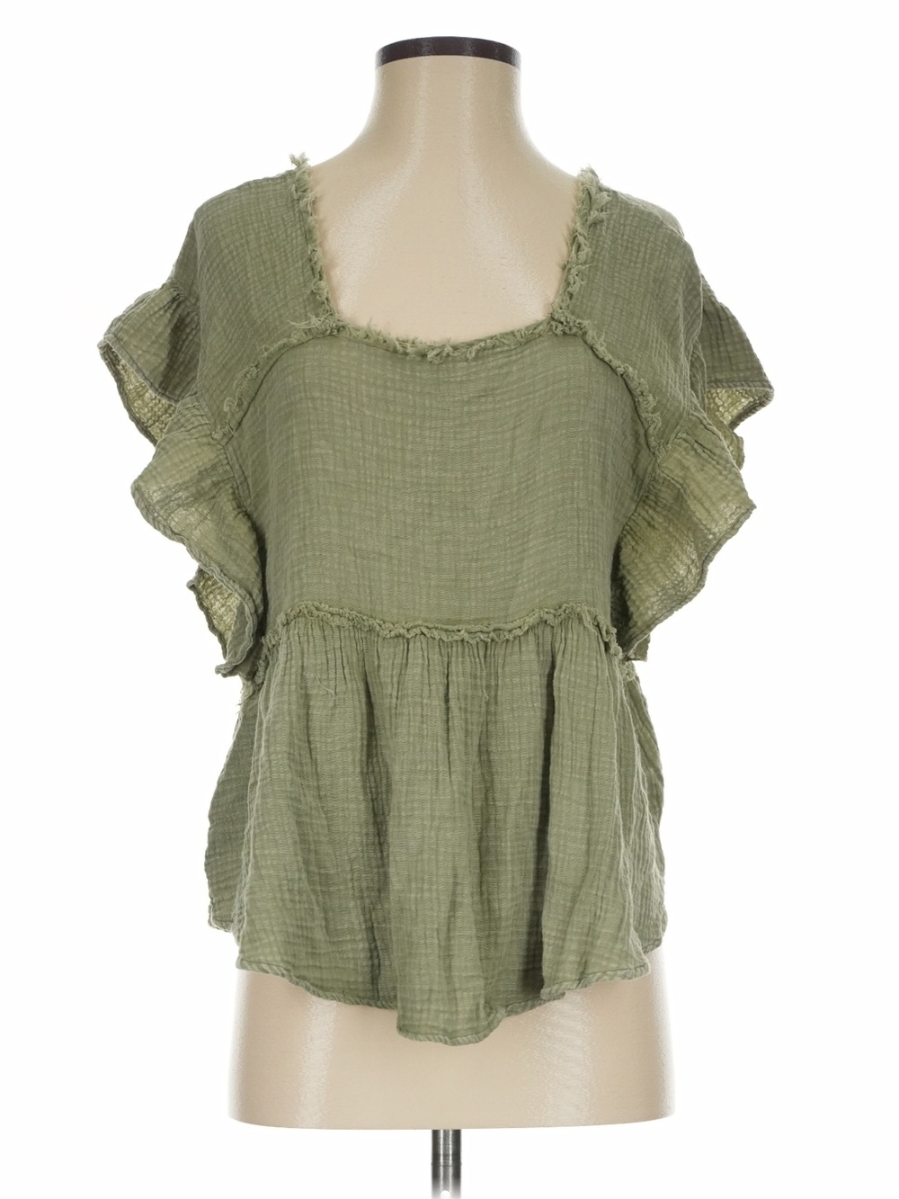 Easel Cotton Exposed Seams Olive Flutter Sleeve Peasant Blouse• Small